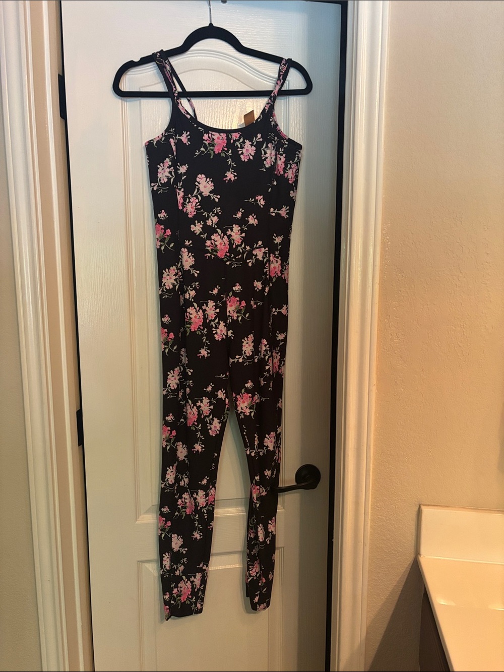 LoveShackFancy Black Floral Jumpsuit with Pink & Green Print